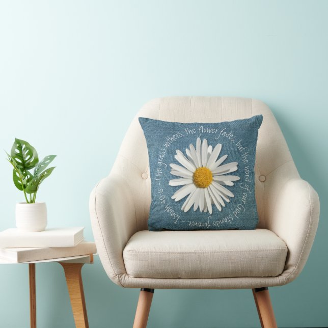 Bijbelverse Daisy Flower & Blue Denim Isaiah 40:8 Kussen (Stoel)