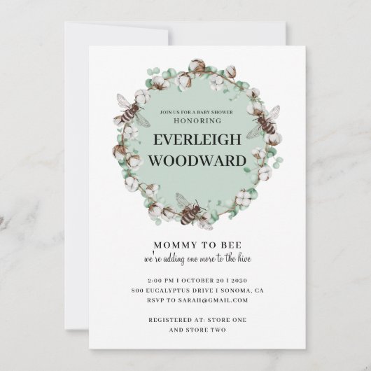 Bijen Baby shower Munt Green Invitation Kaart (Voorkant)