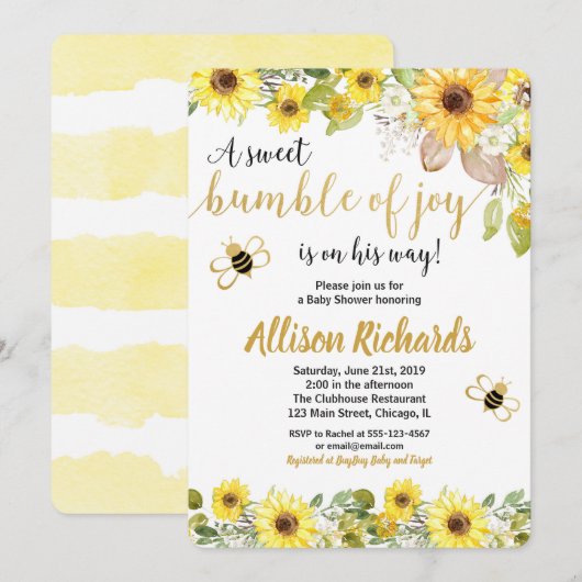 Bijen baby shower-uitnodiging jongen gele hommel kaart (Voorkant / Achterkant)