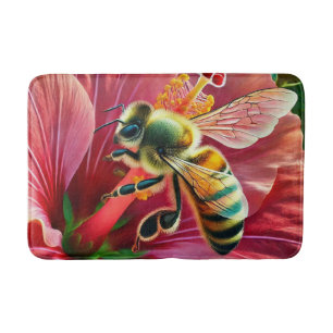 Bijen bestuiven een levendige hibiscusbloem badmat