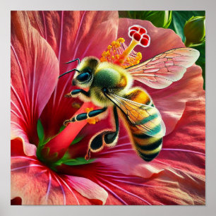 Bijen bestuiven een levendige hibiscusbloem poster