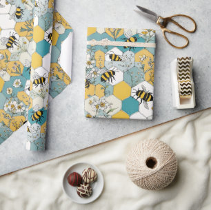 Bijen Bloemen Honingraat Patroon met Daisies Cadeaupapier