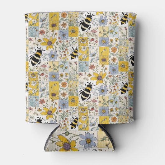Bijen Bloemen Patchwork Geel en Blauw Blikjeskoeler (Voorkant)