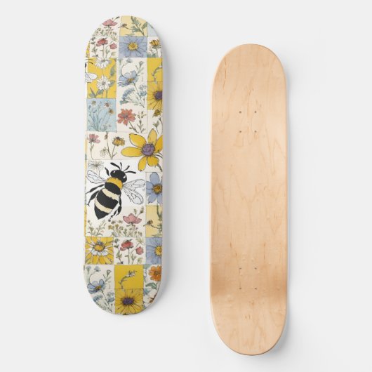 Bijen Bloemen Patchwork Geel en blauw Skateboard (Voorkant)