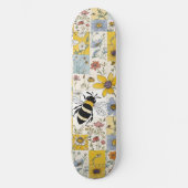Bijen Bloemen Patchwork Geel en blauw Skateboard (Voorkant)