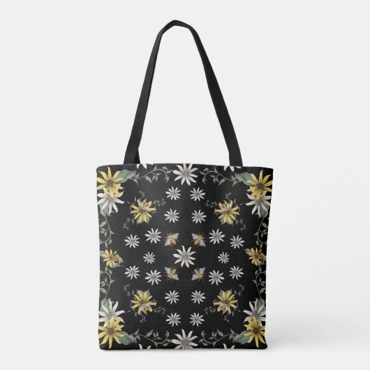 Bijen Canvas tas - Bloemen Tas - Zwart en Geel (Achterkant)
