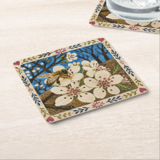 Bijen Coaster Set - Bij op perenbloesem Volkskunst Vierkante Kartonnen Onderzetter