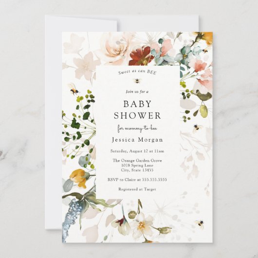 Bijen en Bloemen Baby shower Uitnodiging (Voorkant)