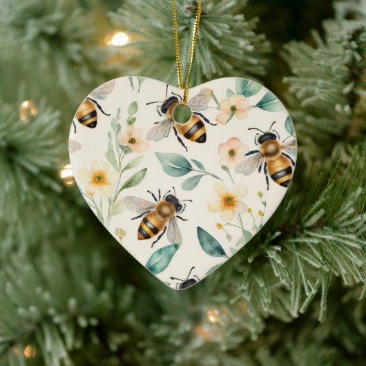 Bijen en bloemen - Cream Floral Honey Bee Pattern Keramisch Ornament (Boom)