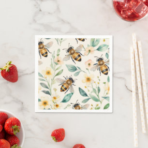 Bijen en bloemen - Cream Floral Honey Bee Pattern Servet