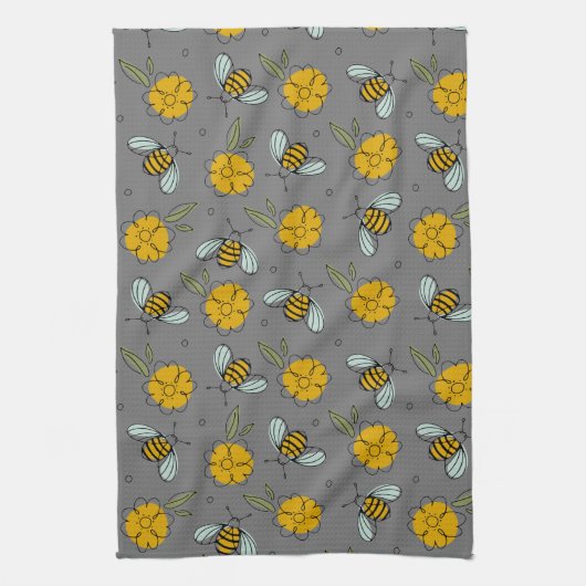 Bijen en Buttercups op grijs Theedoek (Verticaal)