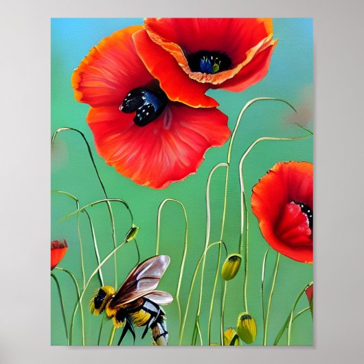 Bijen en rode papaver poster (Voorkant)