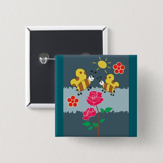 Bijen en Rozen bloementuin Vierkante Button 5,1 Cm (Voorkant /achterkant)