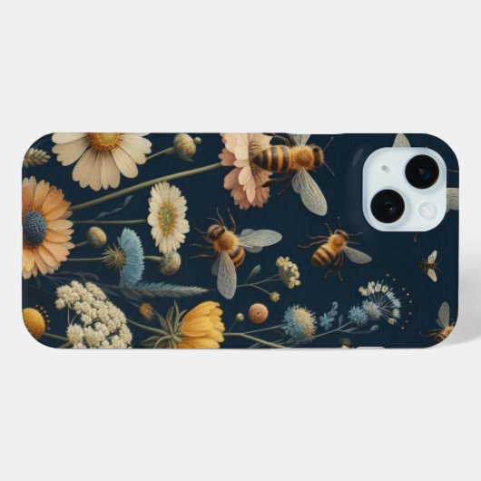 Bijen en wilde bloemen op donkerblauw Case-Mate iPhone case (Achterkant (horizontaal))