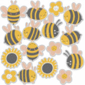 Bijen Geel & Roze Bloemen Sticker (Voorkant)