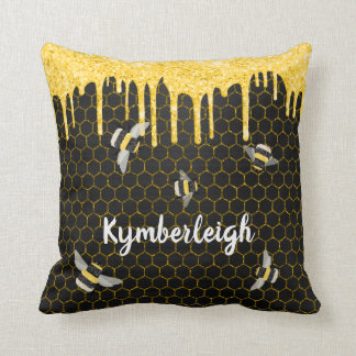 Bijen Honeycomb Black Gold Glitter Drift Glam Name Kussen