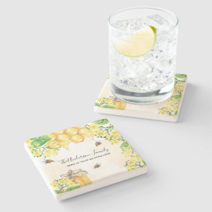 Bijen honing gele bloemen familie monogram stenen onderzetter