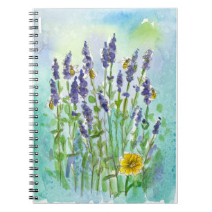 Bijen Lavendel Aquarel Bloemen Teal Blauw Notitieboek