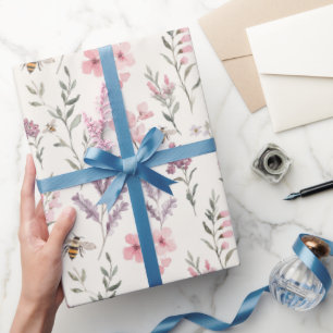 Bijen Lavendel Roze Bloemen Verjaardag Cadeaupapier