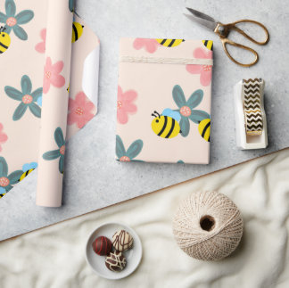 Bijen met lente bloemen inpakpapier