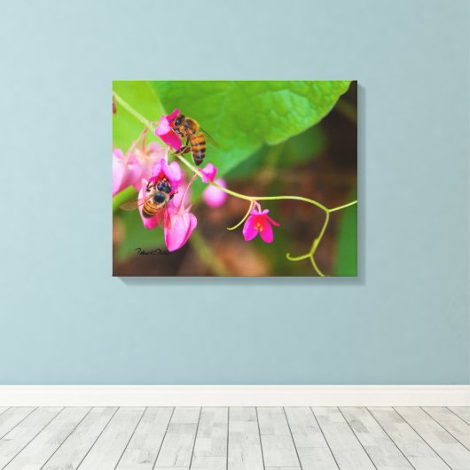 Bijen op koraalwijnbloemen canvas afdruk (Insitu (Houten vloer))