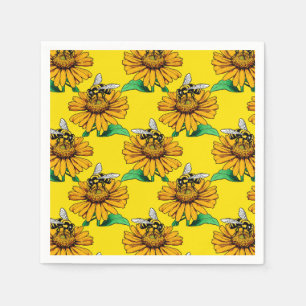 Bijen op Zonnebloem Patroon Ontwerp Geel Servet