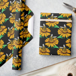 Bijen op Zonnebloem Patroon Ontwerp Zwart Cadeaupapier