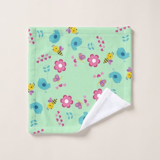 Bijen, vogels en bloemen groen patroon bad handdoek (Wasdoekje)