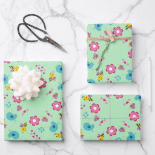 Bijen, vogels en bloemen groen patroon inpakpapier vel