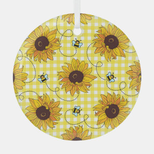 Bijen, zonnebloemen, geruit, vintage. glas ornament
