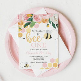 Bijendag hommel 1e Birthday roze floral Invitat Kaart