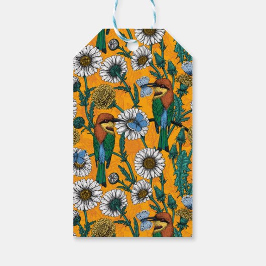 Bijeneters, blauwe vlinders en zeeduivel op sinaas cadeaulabel (Achterkant)