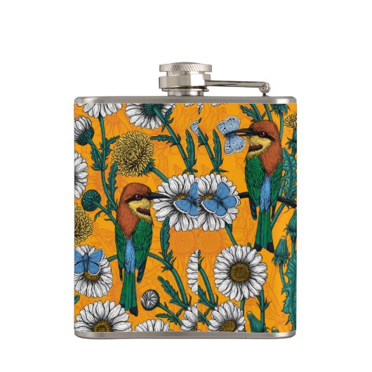 Bijeneters, blauwe vlinders en zeeduivel op sinaas heupfles (Achterkant)