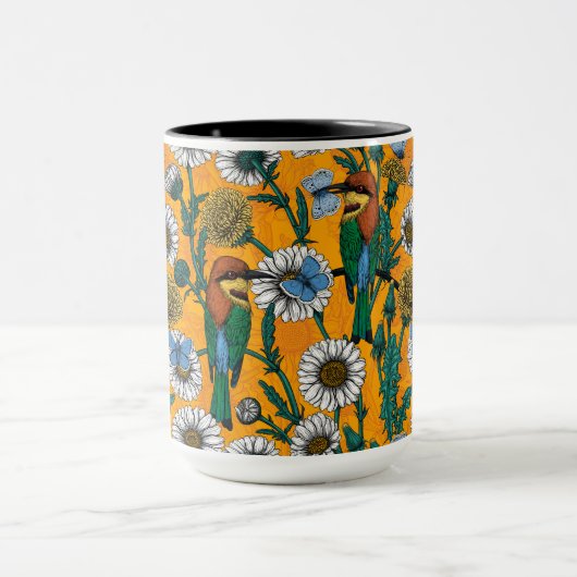 Bijeneters, blauwe vlinders en zeeduivel op sinaas mok (Midden)