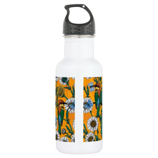 Bijeneters, blauwe vlinders en zeeduivel op sinaas waterfles (Achterkant)