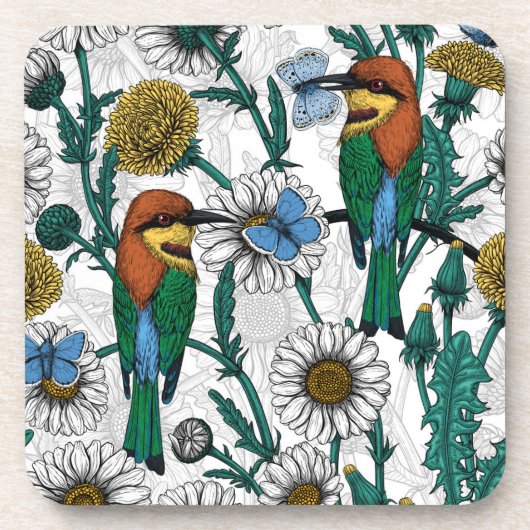 Bijeneters, blauwe vlinders en zeeduivel op wit bier onderzetter (Voorkant)