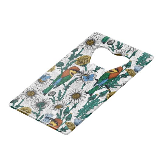 Bijeneters, blauwe vlinders en zeeduivel op wit kredietkaart flessenopener (Achterkant Gekanteld)