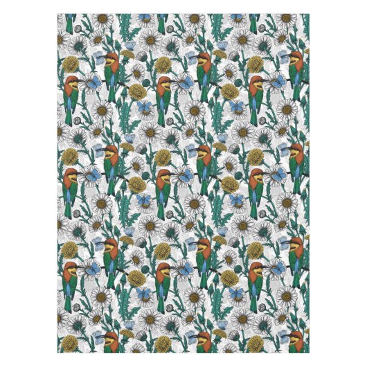 Bijeneters, blauwe vlinders en zeeduivel op wit tafelkleed (Voorkant)