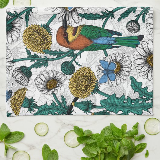 Bijeneters, blauwe vlinders en zeeduivel op wit theedoek (Gevouwen)