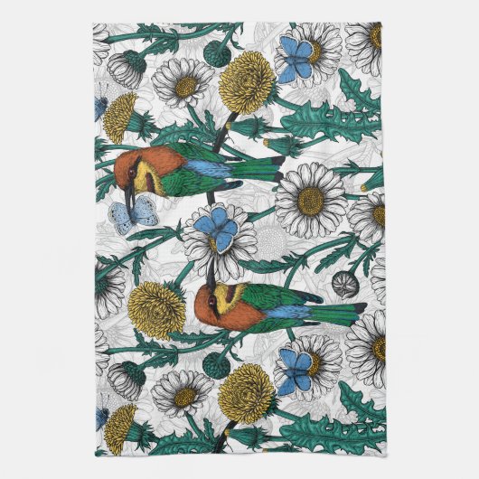 Bijeneters, blauwe vlinders en zeeduivel op wit theedoek (Verticaal)