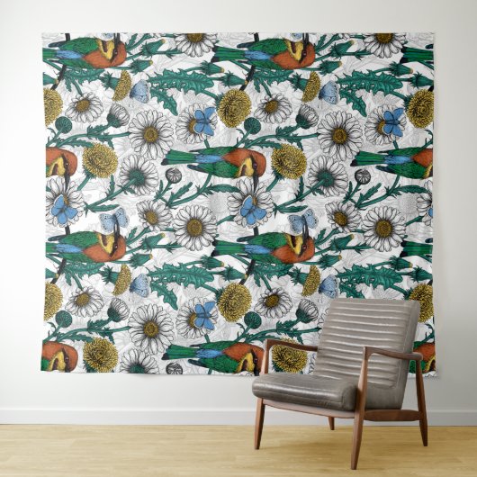 Bijeneters, blauwe vlinders en zeeduivel op wit wandkleed (In Situ (horizontaal))