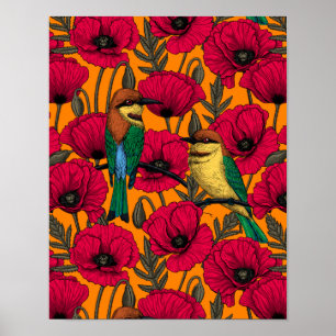 Bijeneters en papavers op oranje poster