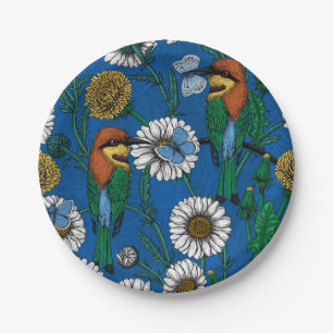 Bijeneters op blauw papieren bordje