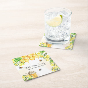 Bijenhoningraat gele bloemenfamilie vierkante kartonnen onderzetter