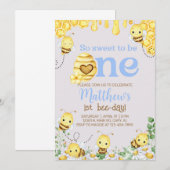 Bijenjongen 1e verjaardag uitnodiging, hommel, hon kaart (Voorkant / Achterkant)