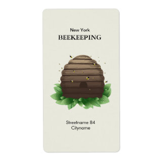 Bijenkorf en bijen op groene bladeren etiket