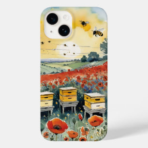 Bijenkorven bij zonsopgang met rode papavers en bi Case-Mate iPhone 14 hoesje