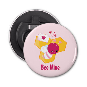 Bijenmijn Cute Bee met roze Valentijn Hearts Button Flesopener