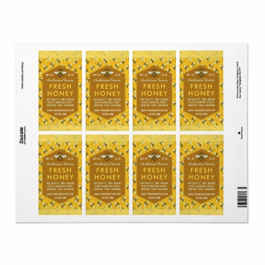 Bijenteler Apiary Honey Jar Labels Honeycomb bijen (Full Sheet)