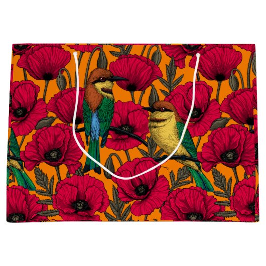 Bijentjes en papaver op sinaasappel groot cadeauzakje (Voorkant)